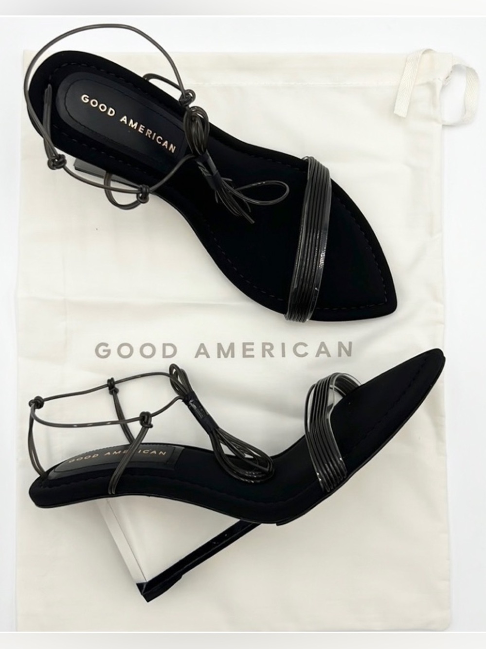 Good American Black and Clear Lucite Block Heel Lace-Up Strappy Sandals 7 NIB